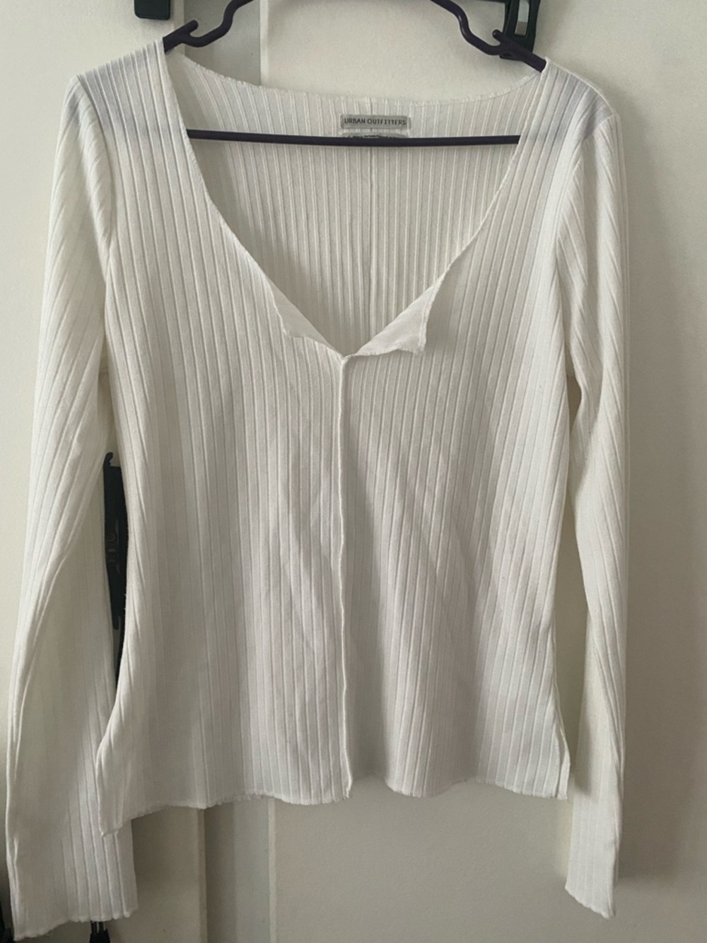 Urban Outfitters Cream Ribbed V-Neck Long Sleeve Top